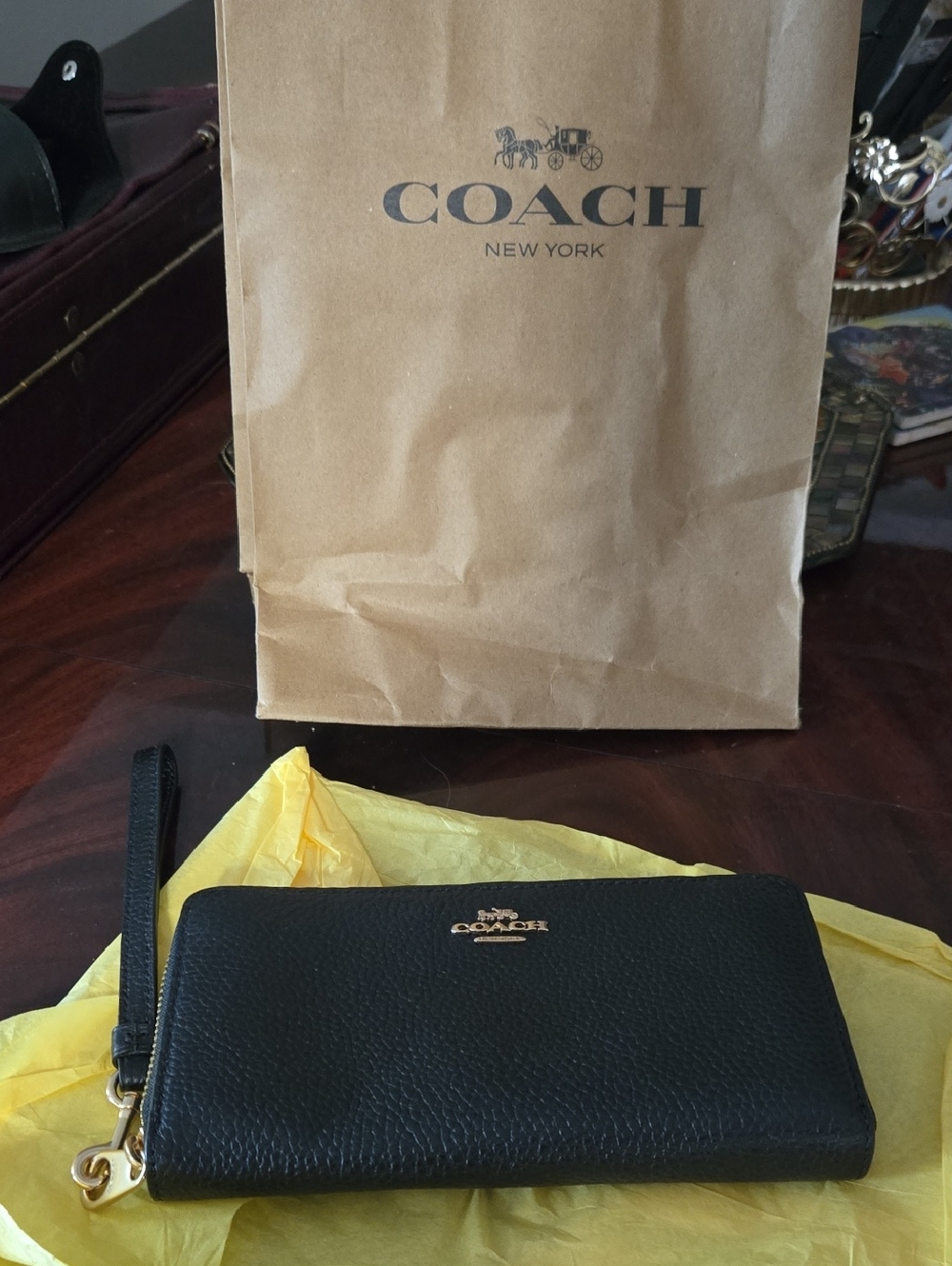 Coach Black Pebbled Leather Zip Wristlet with Gold Hardware